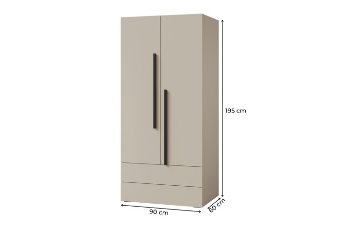 Maßskizze für den beigen Lima Kleiderschrank: 90 cm breit, 195 cm hoch und 60 cm tief.