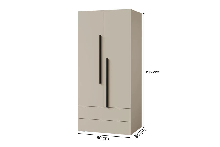 Maßskizze für den beigen Lima Kleiderschrank: 90 cm breit, 195 cm hoch und 60 cm tief.