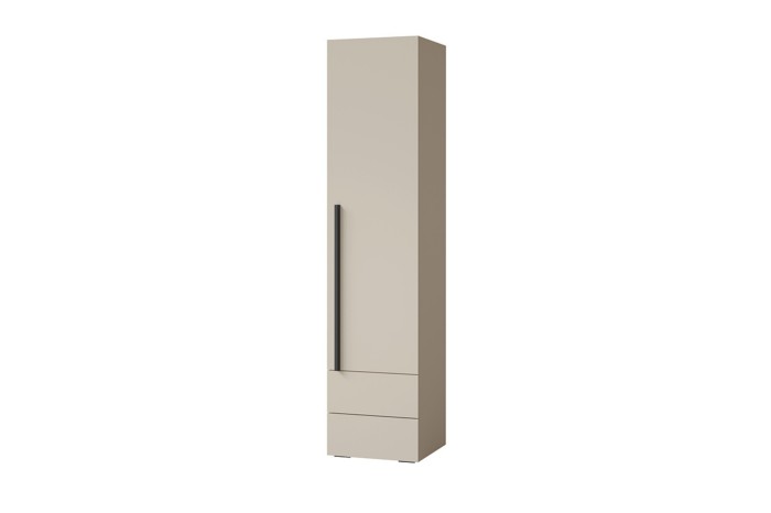 Schlanker beiger Hochschrank mit schwarzem Griff und zwei Schubladen für das Schlafzimmer.