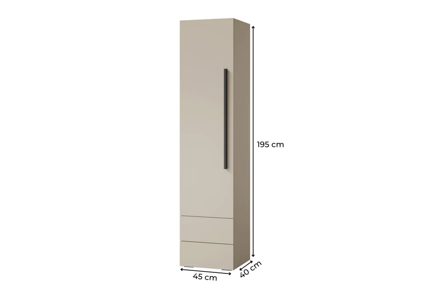 Maße des schmalen Hochschranks: 195 cm Höhe, 45 cm Breite und 40 cm Tiefe.