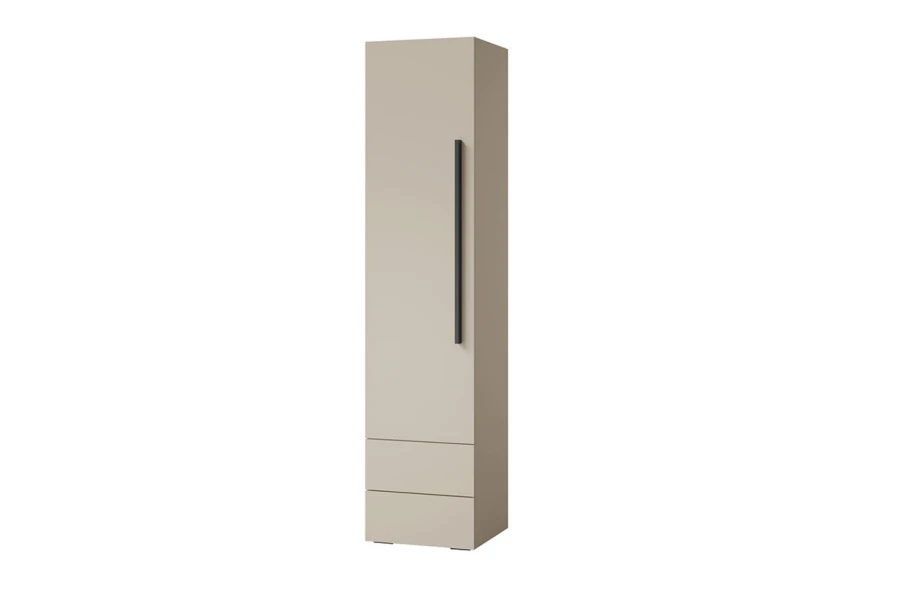 Schmaler Kleiderschrank in Beige mit elegantem schwarzem Griff für das Schlafzimmer.