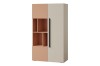 Zweitüriger Design-Schrank in Beige und Terrakotta mit praktischen offenen Fächern.