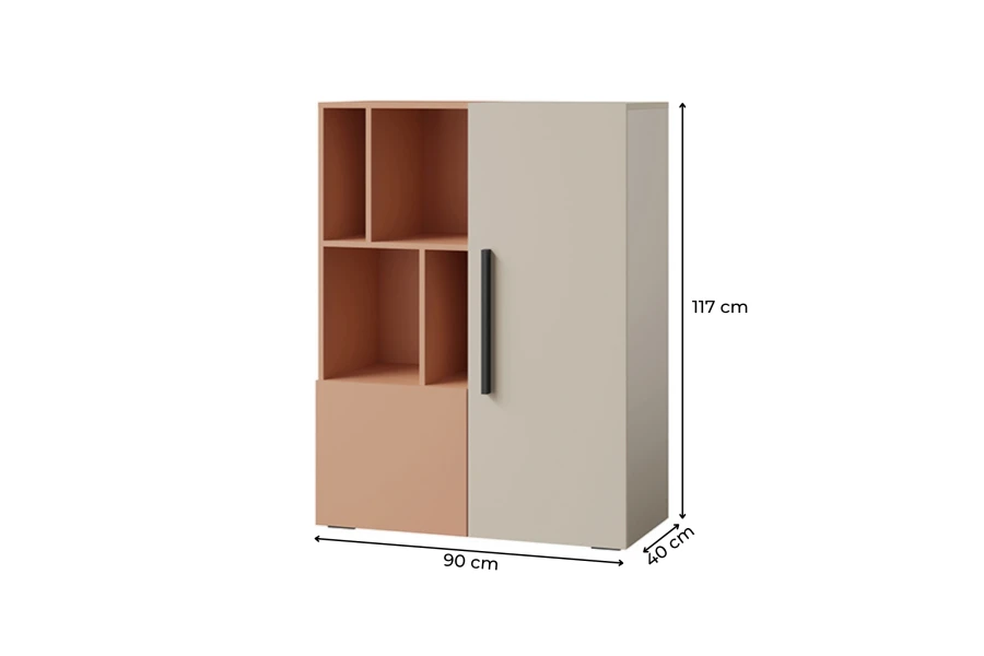 Terracotta-beiges Regal Lima mit Maßen: 90 cm Breite, 117 cm Höhe, 40 cm Tiefe für das Kinderzimmer.