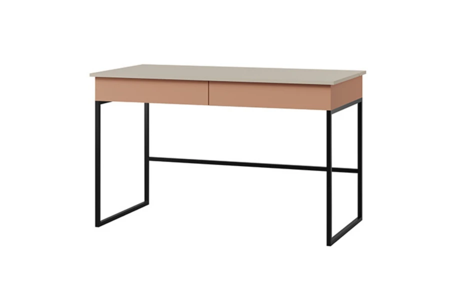 Moderner Schreibtisch Lima in Beige und Rosa mit schwarzen Metallbeinen und zwei Schubladen.