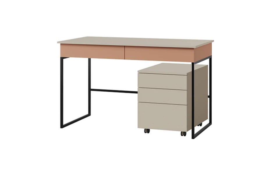 Design-Schreibtisch in Beige-Terracotta mit passendem Rollcontainer.