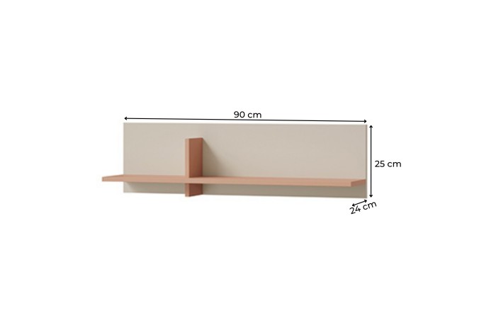 Modernes Wandregal in Terracotta und Beige mit Maßen 90 x 25 x 24 cm.