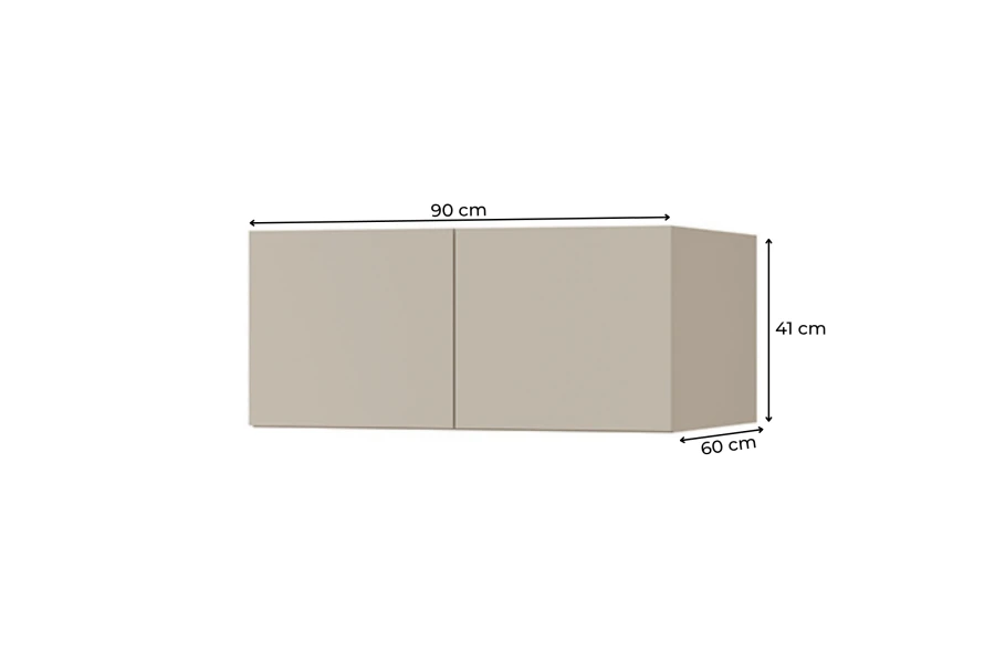 Beige Hängeschrank Maße: 90 cm Breite, 41 cm Höhe und 60 cm Tiefe.