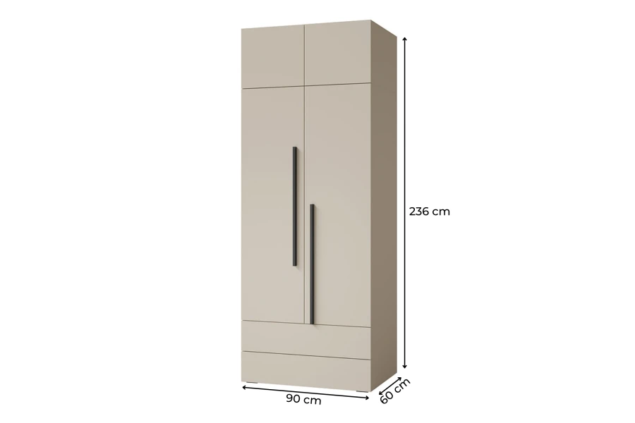 Maße für Kleiderschrank: 90 cm Breite, 236 cm Höhe und 60 cm Tiefe in Beige.