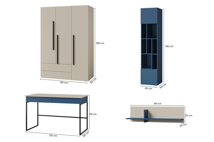 Vier Möbelstücke der Lima-Serie: Kleiderschrank, Standregal, Schreibtisch und Wandboard mit Maßen.
