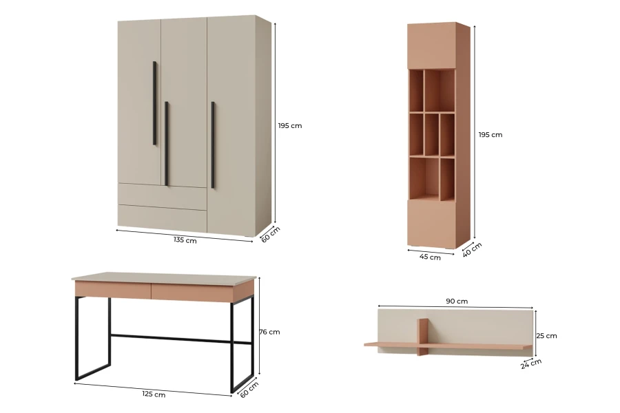 Maßangaben für das Lima Möbelset: Abmessungen von Schrank, Schreibtisch, Wandregal und Standregal.