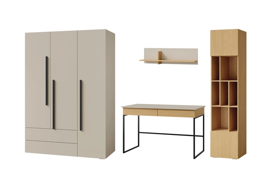 Lima Möbelset in Grau und Eiche-Optik: Moderner Kleiderschrank, Schreibtisch und Regale für Kinderzimmer.
