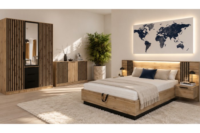Schlafzimmer-Set mit Bett, Kleiderschrank und Kommode in Eiche und schwarzen Lamellen.