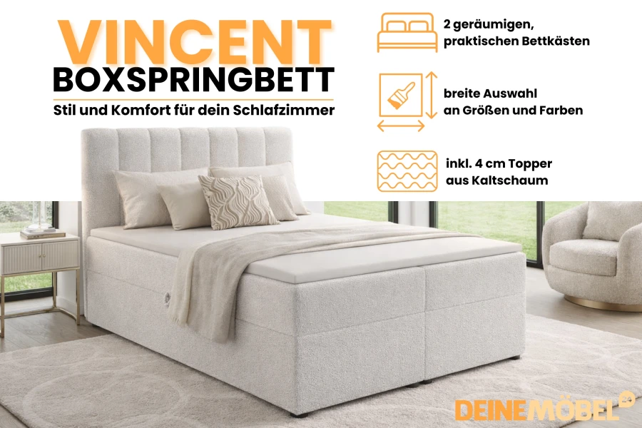 Infographic over het Vincent boxspringbed met details over uitrusting en afmetingen