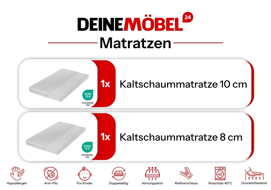Kaltschaummatratzen-Set 10cm und 8cm, Öko-Tex zertifiziert, hypoallergen und waschbar für Kinderbetten.