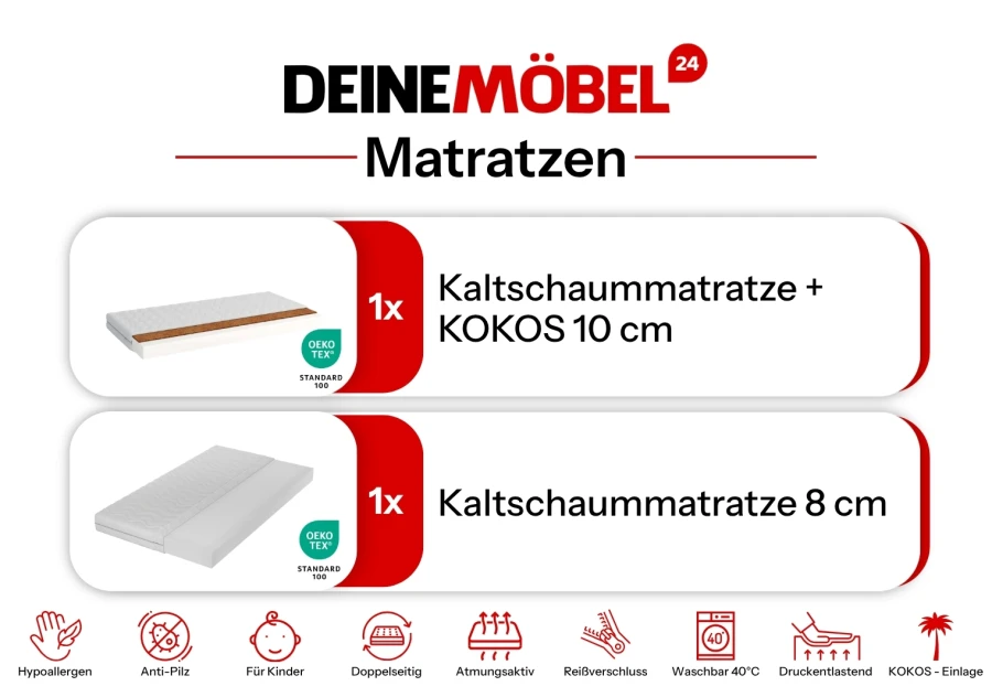 Matratzen für Kinder: 10cm Kokos-Kaltschaum und 8cm Standard-Kaltschaum, atmungsaktiv und druckentlastend.