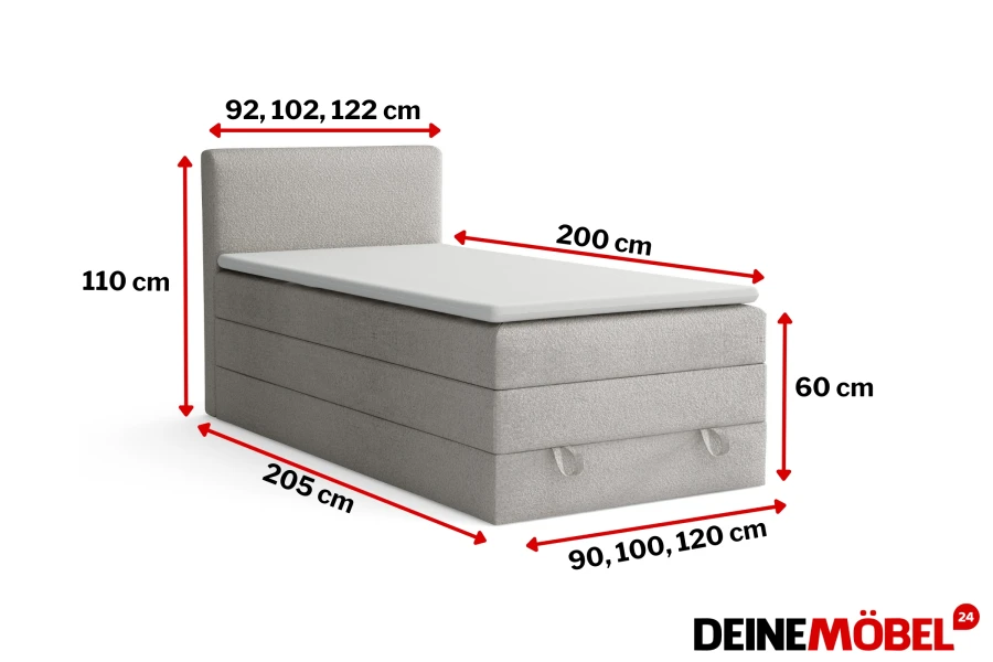 Maße für Boxspringbett grau meliert, Liegefläche 200 cm lang, Höhe 110 cm.