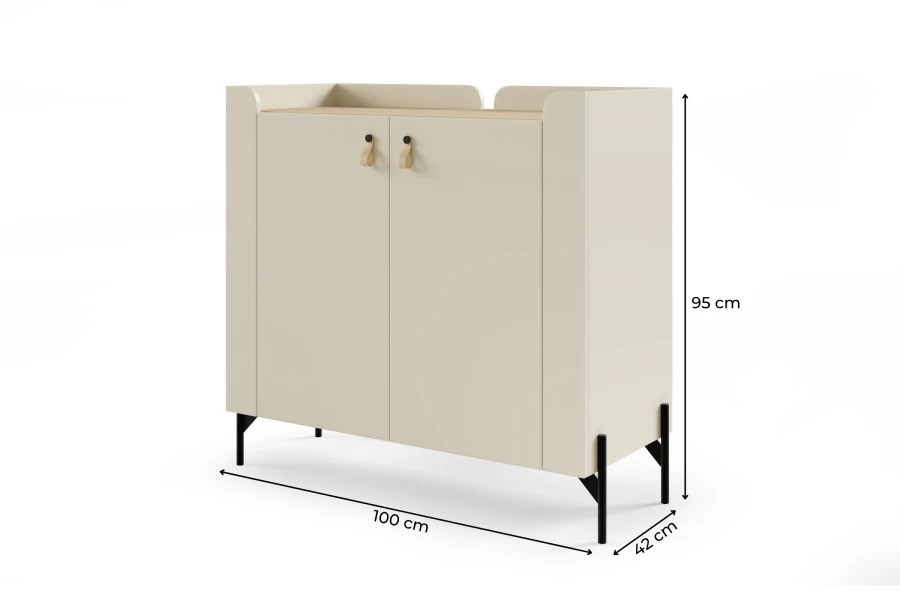Maße für beige Kommode: 100cm Breite, 95cm Höhe, 42cm Tiefe.