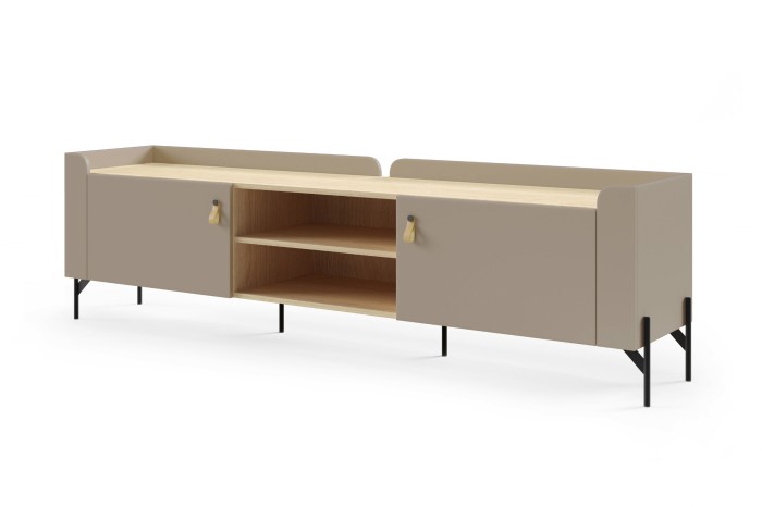 Schlichtes TV-Lowboard im skandinavischen Design in Porcini und Eiche.