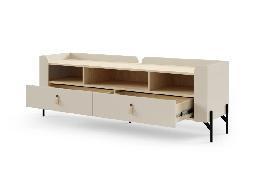 Modernes TV-Lowboard in Beige und Eiche mit zwei offenen Schubladen und schwarzen Beinen.