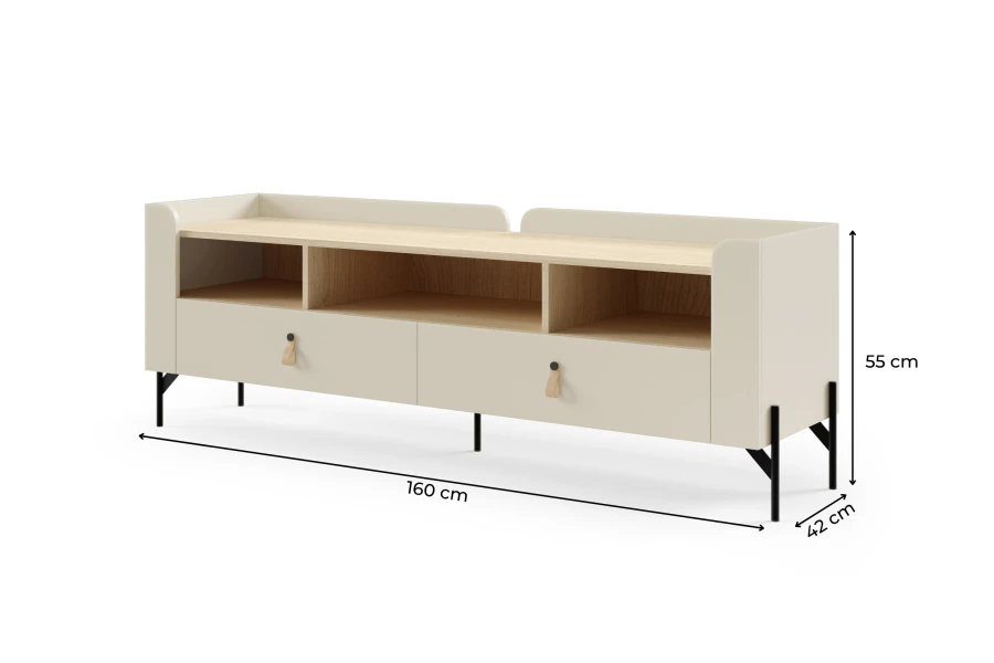 TV-Unterschrank in Beige und Eiche mit Maßen: 160 cm Breite, 55 cm Höhe, 42 cm Tiefe.