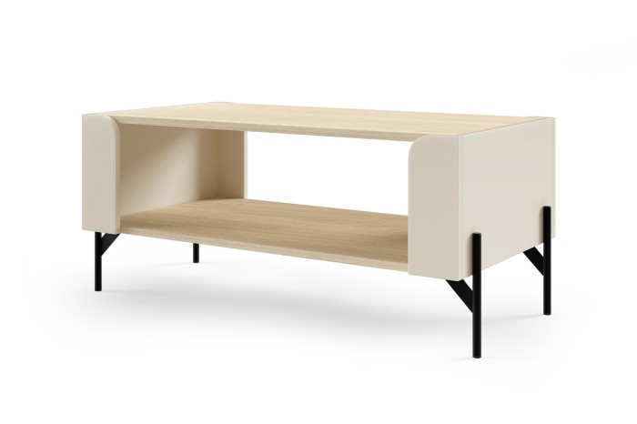 Moderner flacher Wohnzimmertisch in Beige und Eiche Optik.