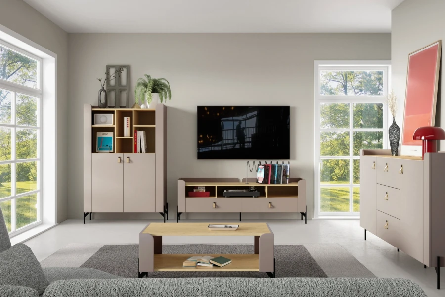 Komplette Wohnzimmer-Einrichtung in Porcini und Eiche Mavelie.