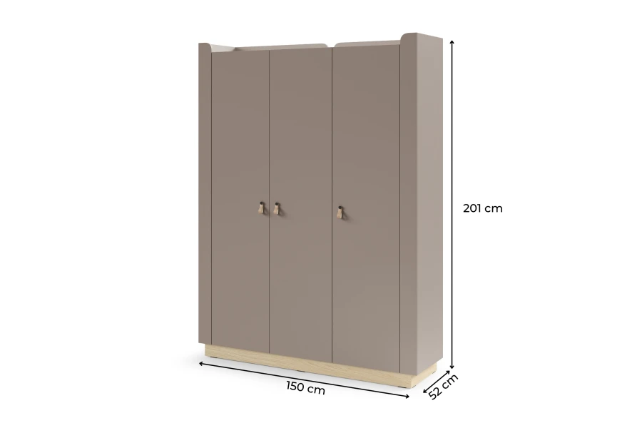 Großer 3-türiger Kleiderschrank in Taupe und Eiche, Maße 150x201x52 cm, für das Schlafzimmer.