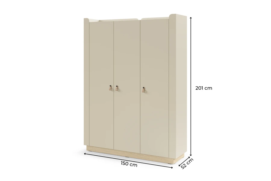 Maßskizze für dreitürigen Kleiderschrank: 150 cm breit, 201 cm hoch und 52 cm tief
