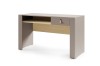 Moderner Schreibtisch in Beige und Holzoptik mit Schublade und Ledergriff.