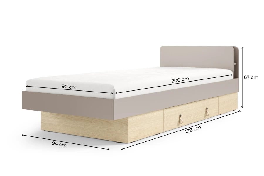 Maße des Jugendbettes Sovi: 90x200 cm Liegefläche mit detaillierten Abmessungen.