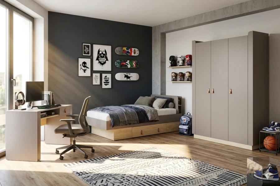 Modernes Jungenzimmer mit Funktionsbett, 3-türigem Kleiderschrank und Schreibtisch-Ecke.
