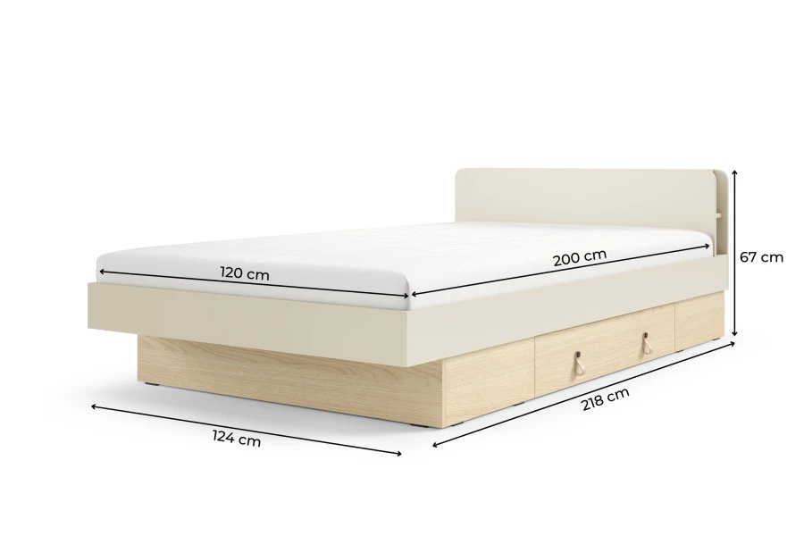 Maße des SOVI Jugendbettes: Liegefläche 120x200 cm, Gesamthöhe 67 cm und Breite 124 cm.