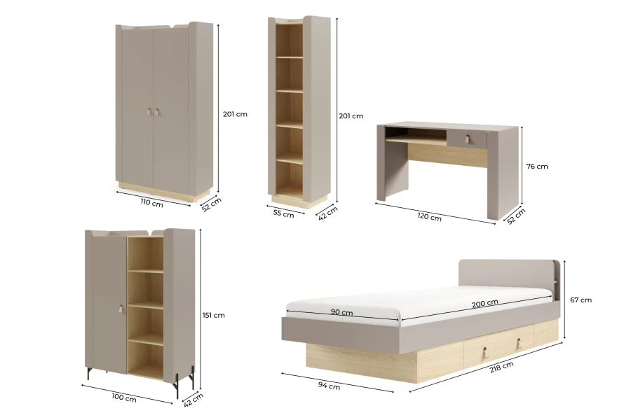 Maße der SOVI Möbel: Detailansicht mit Abmessungen für Schrank, Regal, Schreibtisch und Bett in cm.