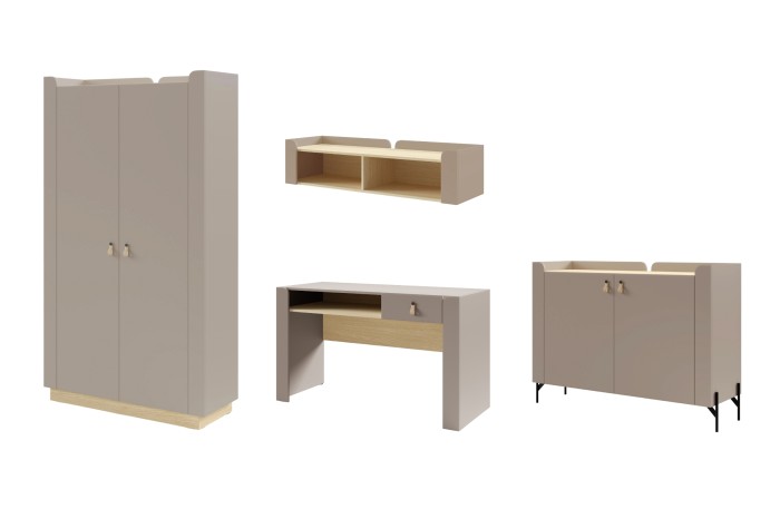 Set aus Kleiderschrank, Hängeregal, Schreibtisch und Kommode in modernem Beige-Design.