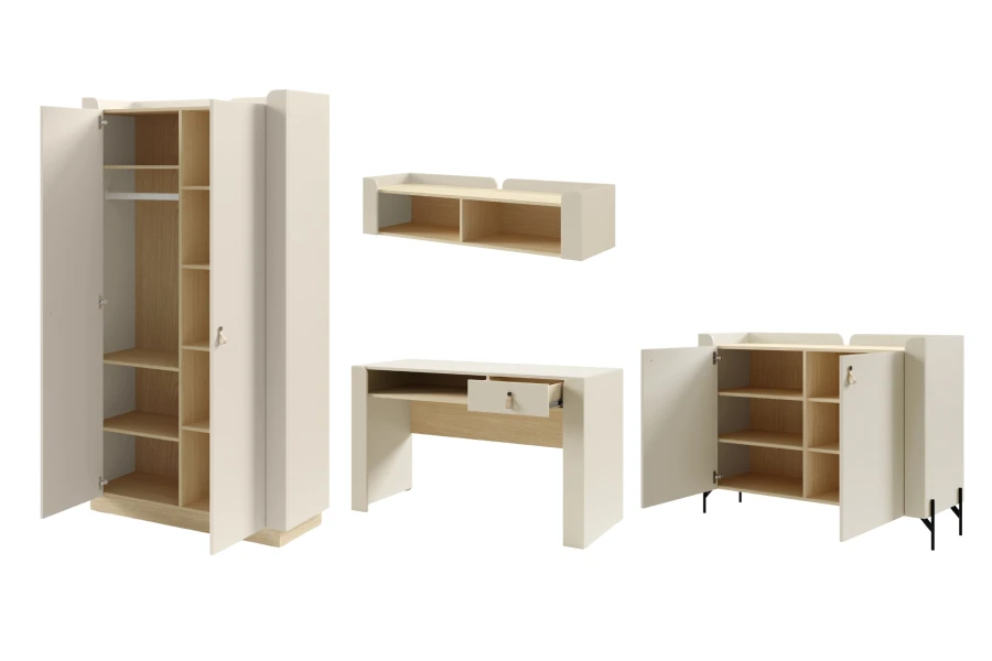 SOVI Möbel-Set mit Stauraum: Geöffneter Kleiderschrank und Kommode zeigen praktische Inneneinteilung.