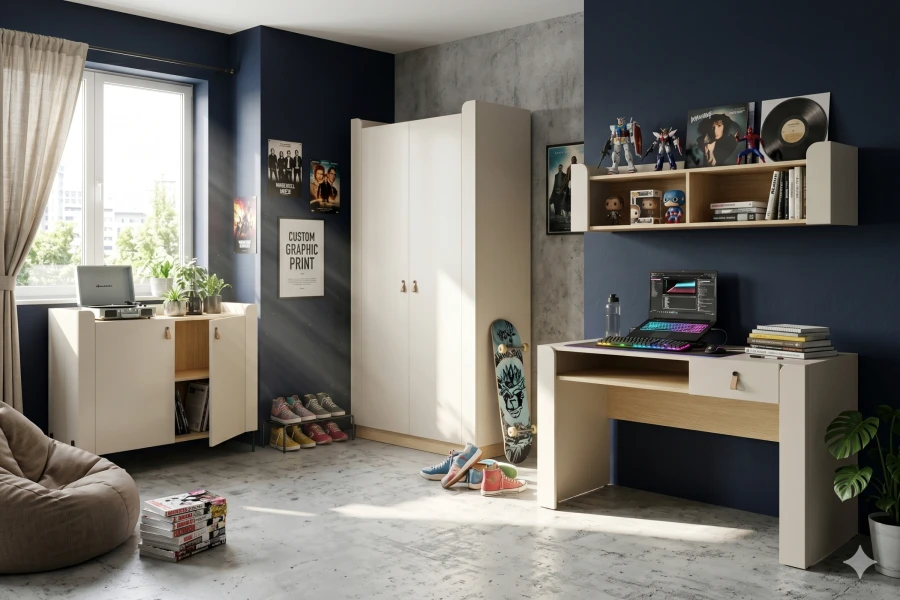 Stylisches Jugendzimmer mit blauen Wänden und SOVI Möbeln: Idealer Arbeitsplatz mit Schreibtisch.