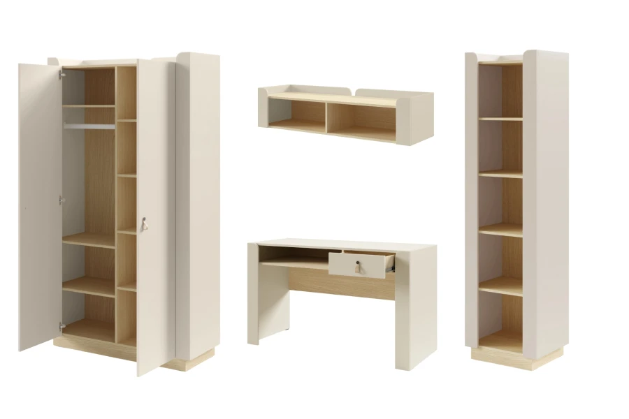 Set aus Kleiderschrank, Wandboard, Schreibtisch und Regal in Beige und Eiche für das Kinderzimmer.