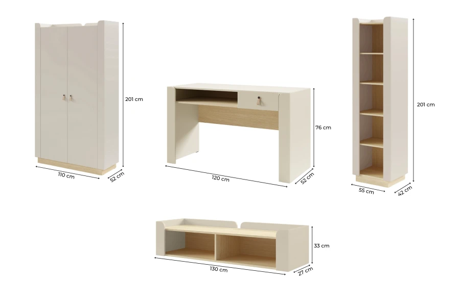 Maße der SOVI-Möbel: Schreibtisch, Kleiderschrank, Standregal und Wandregal in der Detailübersicht.