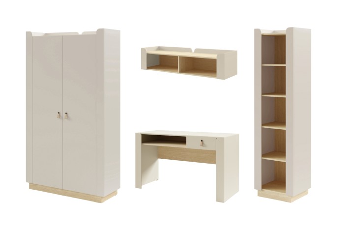 Zeitlose Kinderzimmermöbel in Beige und Eiche: Kleiderschrank, Schreibtisch und hohe Regale.