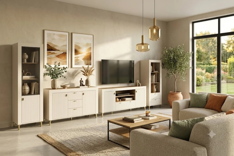 Modernes Wohnzimmer-Set Moni in Weiß und Whisky Eiche mit Sideboard, TV-Board und Vitrine.