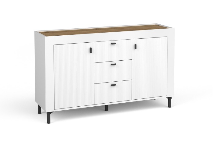 Modernes weißes Sideboard mit drei Schubladen, zwei Türen und Eichen-Details.
