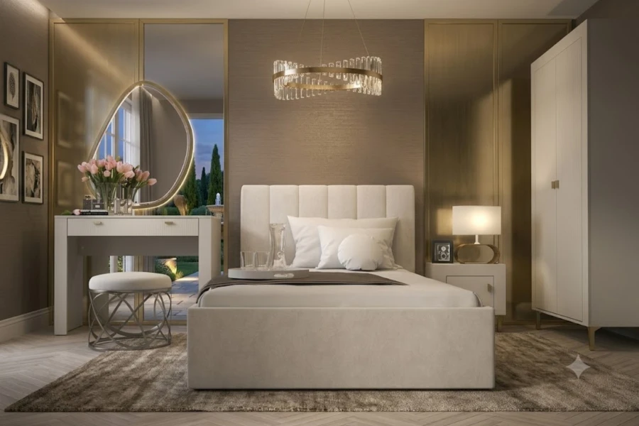 Luxuriöses Schlafzimmer mit Schminktisch, beleuchtetem Spiegel und Polsterbett in Beige-Gold.