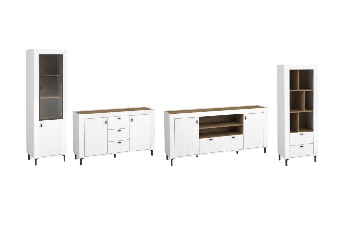 Moni Wohnzimmermöbel in Weiß-Eiche Optik bestehend aus Vitrine, zwei Sideboards und einem Standregal.