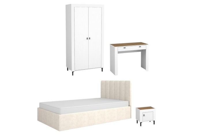 Modernes Jugendzimmer-Set in Weiß und Eiche mit Kleiderschrank, Schreibtisch, beigem Bett und Nachtschrank.