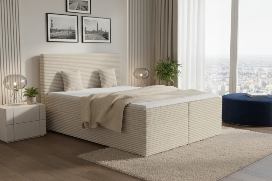Modernes Boxspringbett in Beige mit Cord-Bezug im hellen Schlafzimmer mit Stadtblick.