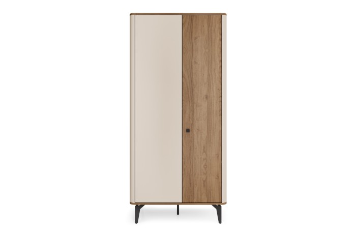 Moderner zweitüriger Kleiderschrank in Beige und Eiche auf schwarzen Metallfüßen.