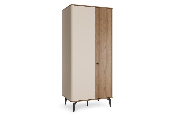 Seitenansicht des modernen Schranks Aura in eleganter Beige- und Holz-Optik.