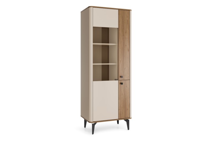 Moderne Vitrine in Beige und Eiche-Optik mit Glaseinsatz und schwarzen Füßen
