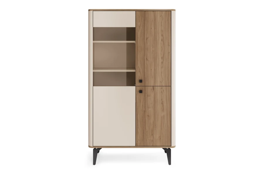 Geschlossene Vitrine im Materialmix aus Holz und Creme mit Glasfront.