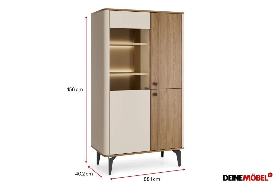 Maße der Vitrine Aura: 156 cm Höhe, 88,1 cm Breite und 40,2 cm Tiefe.